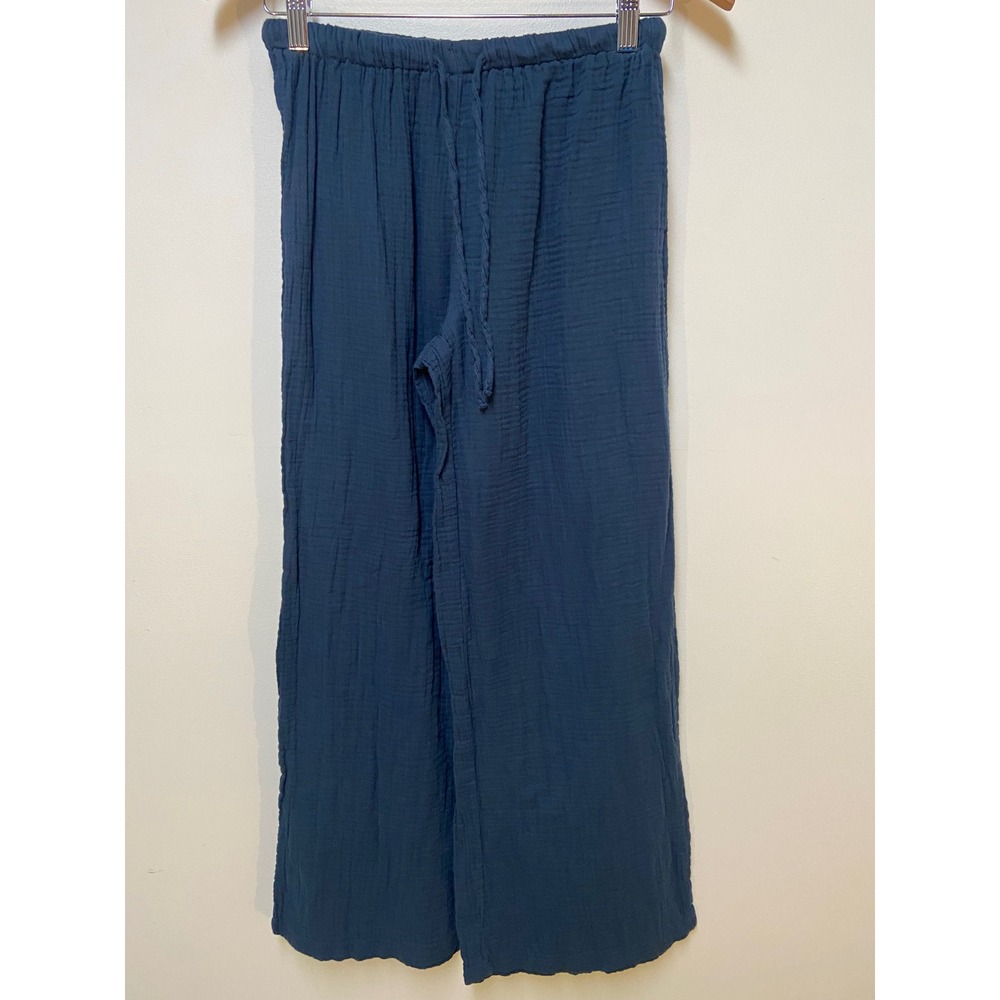 Shein Flared Gauze Pants Women Size S Blue Elastic Waist Cotton Casual Bohemian
